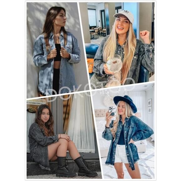 Women's Oversized Denim Blue Jacket Casual‎ Long Sleeve Jean Jacket Fall Spring - Picture 4 of 6